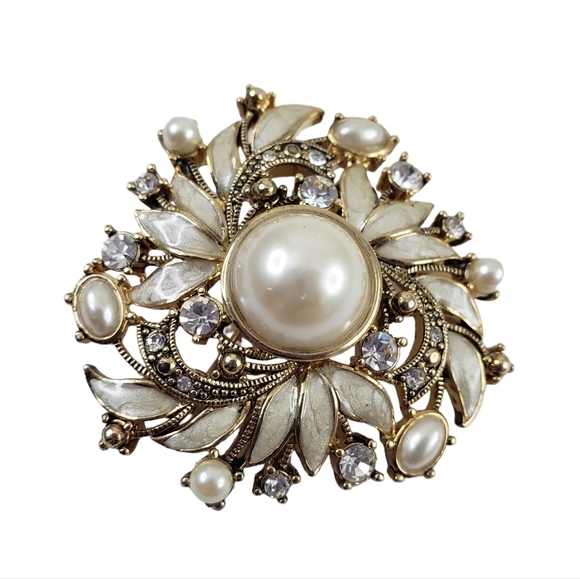 Vintage Monet Brooch Faux Pearls Cream Enamel Rhinestones Burst  A0242 -Q6 - Picture 8 of 12